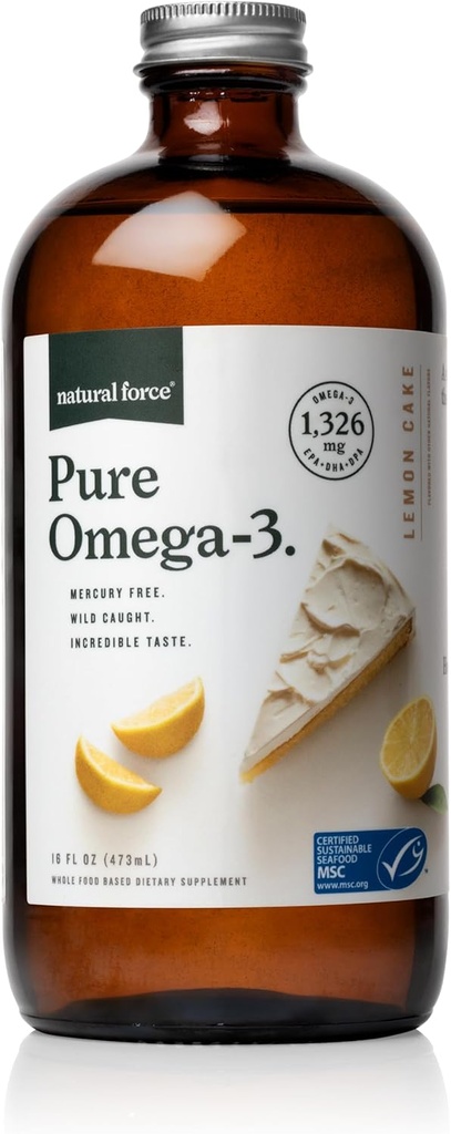Natural Force Pure 3 - maye Balıq Yağı -  Delicious Limon Cake Flavor - Mercury Free, Wild Caught, Lab Tested - 1.326 mg Triglyceride EPA, DHA, & DPA - 16 Oz Glass Şişe