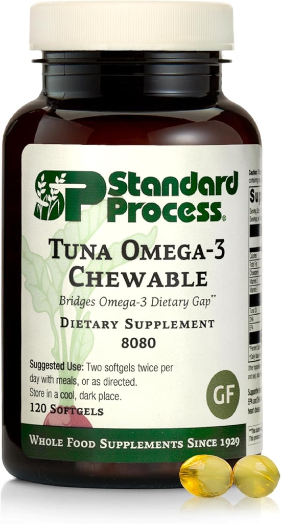 Standard Process Tuna Omega-3 Chewable - Fish Oil Supplement med DHA - Omega-3 Supplement til støtte hjerne & øje sundhed - Excellent kilde til antioxidanter - Gluten- Free & non- Dairy - 120 Softgels