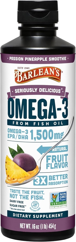 Barlean's Omega 3 Fish Oil Liquid Supplement for Miehet ja naiset, Passion Ananas, 1500mg EPA ja DHA rasvahappo, 16 oz