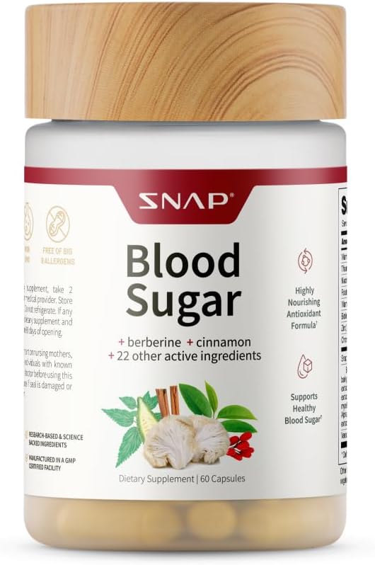 Snap suppléments de sucre de sang avec berbère, CoQ10, cannelle, acide alpha lipoïque et Gymnema pour soutenir le sucre de sang sain, la santé métabolique et l'énergie, sans sucre, 60 capsules