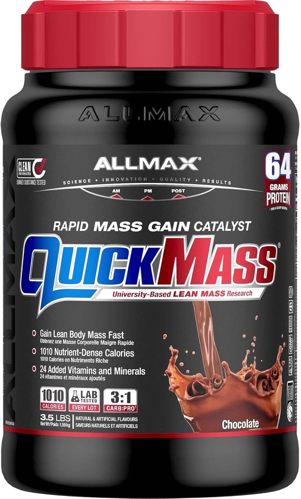 ALLMAX QUICKMASS, Chocolate - 3,5 lb - Rapid Mass Gain Catalyst - Upp till 64 Grams of Protein Per Serving - 3:1 Carb to Protein Ratio - Zero Trans Fat - Upp till 24 portioner
