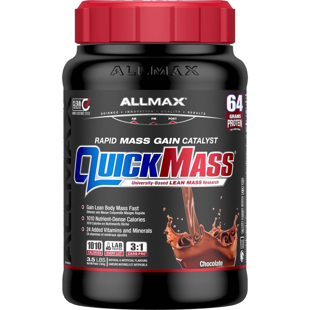 ALLMAX QUICKMASS, Chocolate - 3.5 lb - Rapid Mass Gain Catalyst - Up to 64 Grams of Protein Per Serving - 3:1 Carb to Protein Ratio - Zero Trans Fat - Up to 24 Servings