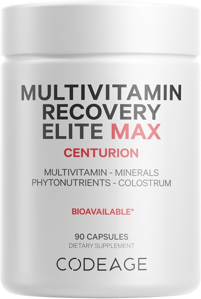Codeage Multivitamin Recovery Elite Max Supplement - Vitaminas A, C, D, E, B-Complexo, Minerais Essenciais, Antioxidantes, Colostro, Fitonutrientes, Pantetina, Não-GMO, Multivitaminas Desportivas - 90 Cápsulas