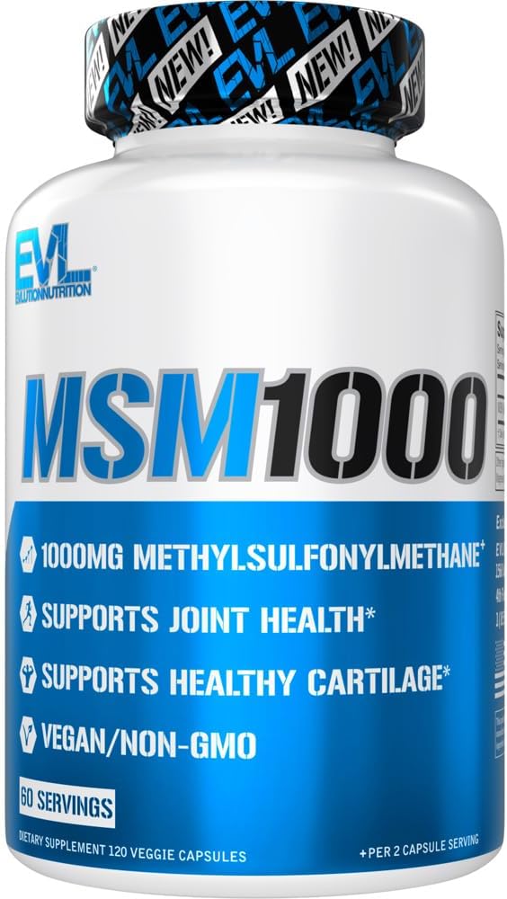 Evlution Nutrition MSM1000-1000 MG Methylsulfonylmethane osagarria - Osasun laguntza bateratua - Cartilage gehigarria - Vegan + GMO MSM kapsulak - 60 zerbitzari