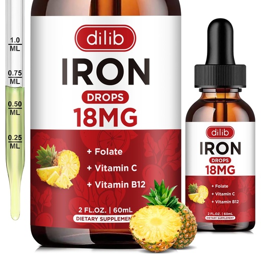 [BRSROFAFOEMGY3I4] Liquid Iron Supplement for Women & Men Iron Drops Iron Supplements for Anemia with Folate, Vitamin C, B12 for Red Blood Cell Support-Pineapple Flavor, 2 Fl Oz