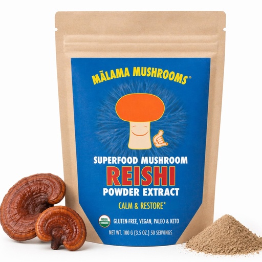 [BRSROAQHAQARQYD4] Malama Organic Reishi Mushroom Powder, Pure Fruiting Body Extract, Adaptogenic Superfood for Immune Support and Wellness, 100 Servings