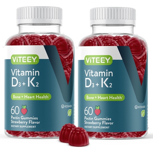 [BRSRMAADCB7BGFA2] VITEEY Vitamin D3 K2 Gummies - 1000 IU Vitamin D3 and K2 100mcg - Bone & Heart Health for Adults and Teens - Vegetarian, Gelatin Free, GMO Free - Tasty Chewable D3K2 Vitamins Strawberry Flavored Gummy