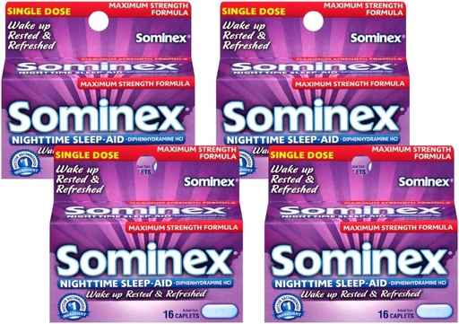 [BRSWIYYOOQMBSD32] Caplets Sominex Nighttime Sleep-Aid, résistance maximale, boîtes de 16 mois (paquet de 4)