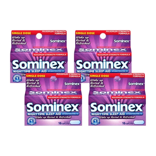 [BRSWIYYOOQMBSD32] Sominex Nighttime Sleep-Aid Caplets, Maximum Strength, 16-Count Boxes (Pack of 4)