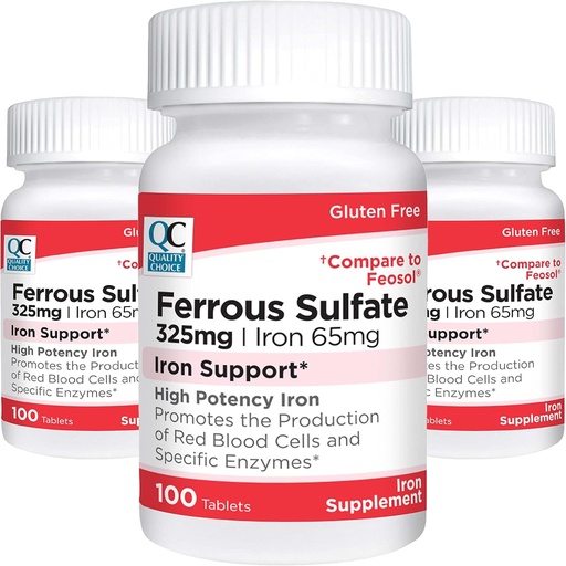 [BRSRMGT7DJ7BS3Q7] Quality Choice Iron 65 mg (325 mg Ferrous Sulfate) High Potency Iron Support Supplement Tablets in 100 Count Bottles (3 Pack)