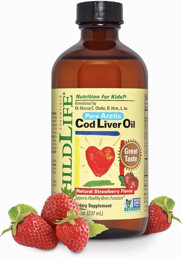 [BRSWKHY5BEIQEHLD] CHILDLIFE ESSENTIALS Cod Liver Oil för barn - Kids Cod Liver Oil Liquid, för barn 6 + månader, småbarn, tillagd DHA, EPA, Omega-3 Fatty Acids - Strawberry, 8 fl oz