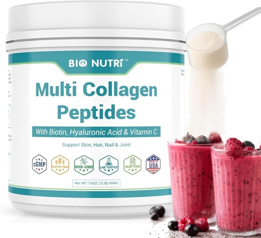 [BRSROAY3OV5BUFI6] BIO NUTRI Collagen Peptides Powder Multi-Type (I, II, III, V, X) with Biotin & Hyaluronic Acid for Hair, Skin, Nails & Joints, Unflavored, 16oz