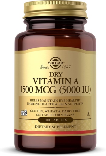 [BRSWIYQ7DF4BA33U] Solgar Dry Vitamin A 1500 mcg (5000 IU), 100 Tablets - Supports Healthy Eyes, Skin & Immune System - Non-GMO, Vegan, Gluten Free, Dairy Free, Kosher - 100 Servings