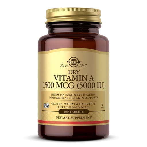 [BRSWIYQ7DF4BA33U] Solgar Dry Vitamin A 1500 mcg (5000 IU), 100 Tablets - Supports Healthy Eyes, Skin & Immune System - Non-GMO, Vegan, Gluten Free, Dairy Free, Kosher - 100 Servings