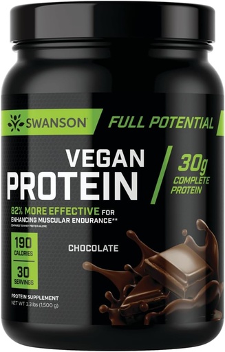 [BRSROCDYOF4B4GT2] Swanson pleno potencial Vegan Protein - Chocolate sabor, todo Vegan Protein Pó para construção e recuperação muscular - 30 g