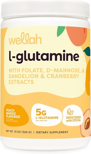 [BRSRAEAHO4HQOYDF] Wellah L-Glutamine Peach Mango (50 Servings) - 5g L-Glutamine Per Serving, Sweetened with Stevia
