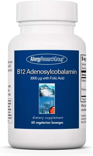 [BRSWI2Q2PMIW2GDC] Allergy Research Group B12 Adenosylcobalamin Supplement - with Folic Acid, Vitamin B12 3000 mcg, Folate, Pure B12, Vegetarian Lozenges - 60 Count