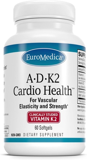 [BRSWGAL4AUMQ4ALK] EuroMedica A•D•K2 Cardio Health - Cardio Health & Vascular Elasticity and Strength Support - Cardiovascular Support Supplement with Vitamins A & D3 - Aids Blood Vessel Elasticity - 60 Softgels