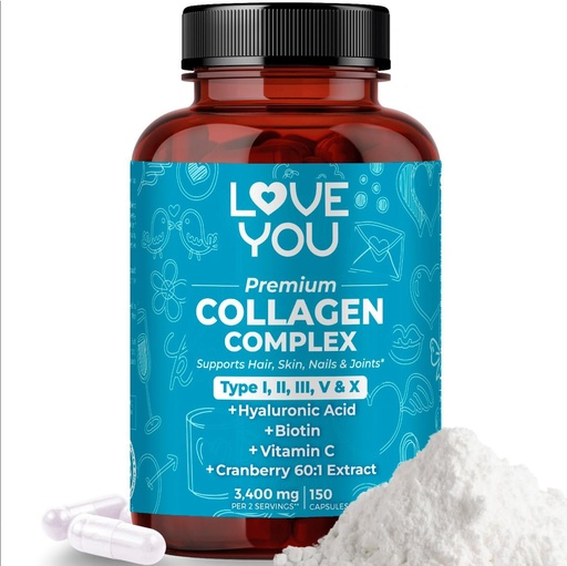 [BRSRAGIQO4NRMYLF] Love You Premium Collagen Complex – Types I, II, III, V & X – Hair, Skin, Nails, Joints & Gut Support – Hydrolyzed Bovine Collagen Peptides – Grass-Fed, Non-GMO, 120 Capsules, USA Made