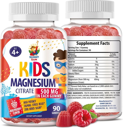 [BRSROAQZCQIAGHYZ] Sugar-Free Magnesium Gummies for Kids & Teens - 500mg Calm Magnesium Citrate - Chewable Magnesium Gummy Supplement for Sleep, Mood & Muscle Support - 90 Gummies