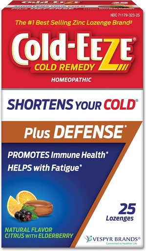 [BRSWYHT7BUBQA23L] Cold-Eeze Plus Defense Natural Citrus with Elderberry Zinc Lozenges, Homeopathic Cold Remedy, Shortens Common Cold Symptoms, Promotes Immune Health with Sambucus Nigra, Echinacea and Rose HIPS, 25 Ct
