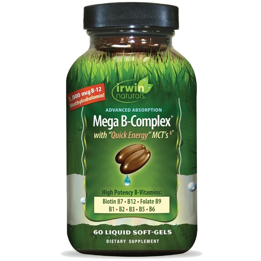 [BRSWI2T3AINBAFTY] Irwin Naturals Mega B-Complex - 60 Liquid Softgels - Vitamin B Complex with Vitamin B12, Folate B9, Biotin B7, B1, B2, B3, B5, B6, and Quick Energy MCTs