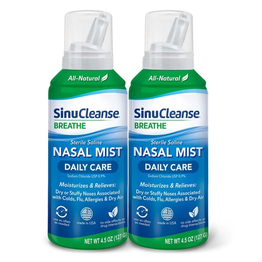 [BRSRMAQCOINAKCQ7] SinuCleanse Daily Care Sterile Saline Nasal Spray, Ultra Fine Mist, Instantly Moisturizes & Relieves Everyday Nasal Congestion Due to Colds & Dry Air, 4.5 Oz (2 Pack), Made in USA