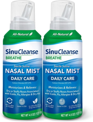 [BRSRMAQCOINAKCQ7] SinuCleanse Daily Care Sterile Saline Nasal Spray, Ultra Fine Mist, Instantly Moisturizes & Relieves Everyday Nasal Congestion Due to Colds & Dry Air, 4.5 Oz (2 Pack), Made in USA
