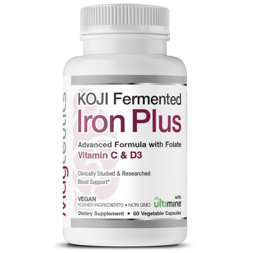 [BRSRAYIHCUPRSH34] Koji Fermented Iron Plus - Iron Supplement with Vitamin C, Vitamin D3 and Folate for Blood Support, Easily Absorbed and Bioavailable, Stomach Friendly, Vegan, Non-GMO - 60 Capsules