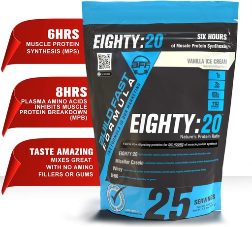 [BRSWYZTQCIMWEDIV] Eighty:20 Protein Powder Casein & Whey Blend | Fast & Slow Digesting Proteins for 6 Hours Muscle Protein Synthesis for Men & Women | Keto Friendly & Great Tasting (Vanilla Ice Cream)