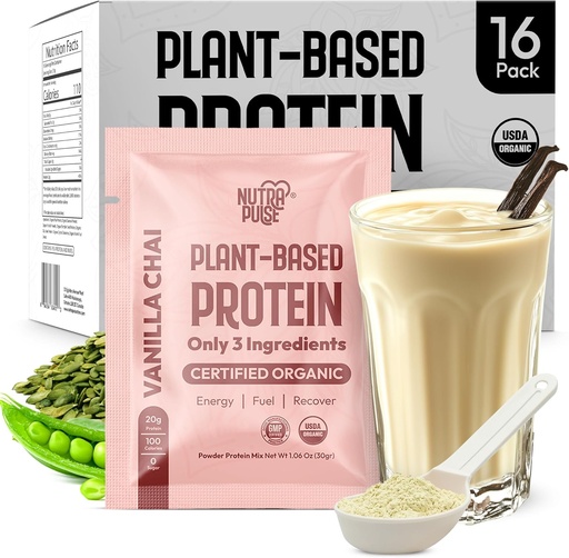 [BRSROA3QBEFBS3LH] Vanilla Chai Vegan Protein Powder Sample Pack – 20g Organic Plant-Based Protein – NutraPulse – Gluten-Free, Soy-Free, Non-GMO – Clean & Easy to Digest – Smoothie Friendly – 16 Single Servings