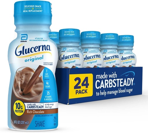 [BRSWIYQHDIPBA3D6] Glucerna Original Diabetes Care Shake, Rich Chocolate, Diabetic Meal Replacement to Support Blood Sugar Management, 10g Protein, 180 Calories, Ready to Drink, 8-fl-oz Bottle, 24 Pack