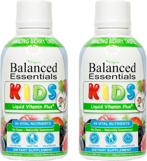 [BRSWYZIHDICAEDLG] Wellgenix Balanced Essentials Kids Liquid Vitamin - Nutritional Multivitamin for Picky Eaters - Childrens Immune Boost & Overall Health -16oz (Pack of 2)