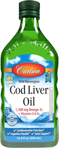 [BRSWIYYFAV5G2FDU] Carlson - Cod Liver Oil, 1100 mg Omega-3s, Wild-Caught Norveç Arctic Cod-Liver Oil, Sustainably Sourced Nordic Fish Oil Liquid, Unflavored, 500 ml (16.9 Fl Oz)