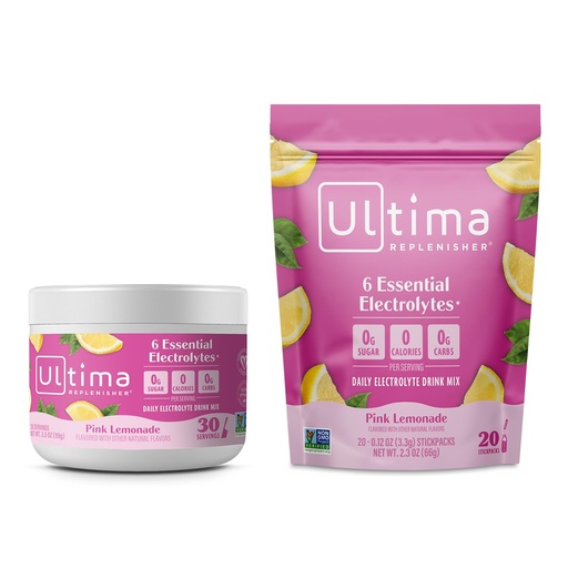 [BRSRMAYNOIFR4C3B] Ultima Replenisher Electrolyte Powder Drink Mix Bundle – Sugar Free – Pink Lemonade, 30 Serving Canister and 20 Stickpacks – 6 Electrolytes and Minerals – Keto Friendly, Vegan, Non-GMO