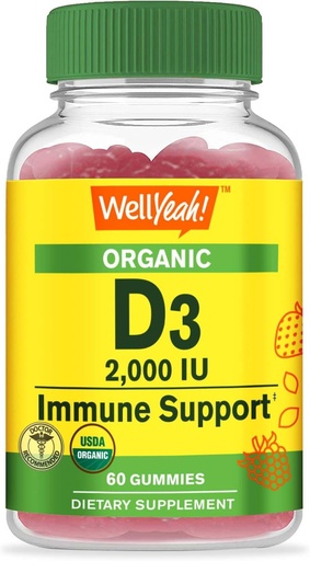[BRSROHQ5A4MAOYA4] WellYeah Organic Vitamin D3 2,000 IU (50 mcg) Gummies - Supports Bone, Muscle Strength and Immunity - Non-GMO, Gluten Free - USDA Organic - Natural Flavors - 60 Gummies