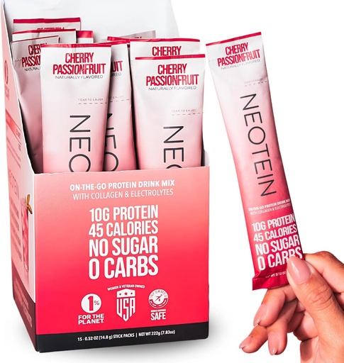 [BRSRAZA2CNYGYAA6] NEOTEIN: Electrolyte Powder Packets, Protein Powder with 10g Protein & Collagen | Hydration Packets - Zero Sugar, NO Fillers, NO Carbs | Cherry Passionfruit | 45 Calories | Keto & Paleo | Pack of 15