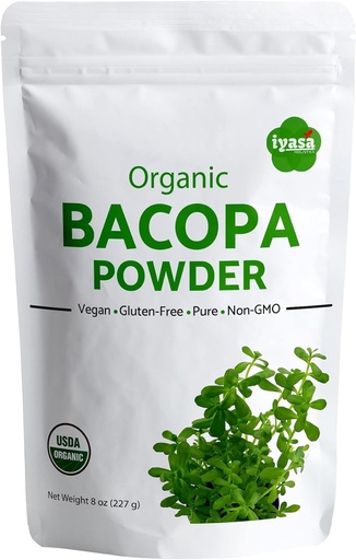 [BRSWYZIKPIPRUALL] Iyasa Holistics Organic Bacopa Powder (Brahmi Leaf), Certified Organic Ayurveda Superfood, Hair and Brain Tonic, Resealable Pouch of 8 oz