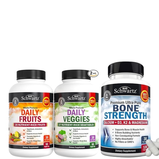 [BRSRABIHOIIA42T2] BioSchwartz Daily Fruits and Veggies Supplement for Women and Men (1 Month Supply) Plus Bone Strength Mineral Supplement with Calcium and Magnesium (1 Month Supply)