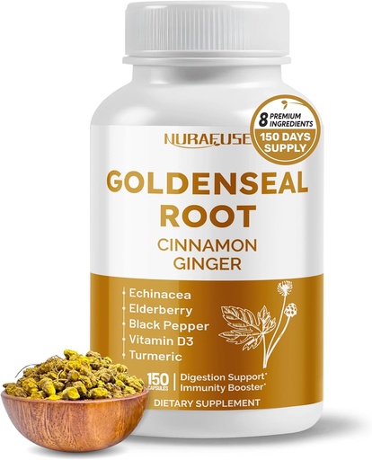 [BRSRAYAFAAAQAE3P] Goldenseal Root 8-in-1 Formula - with Cinnamon Ginger Echinacea Elderberry Black Pepper Vitamin D3 - Non-GMO, Gluten-Free, Soy-Free