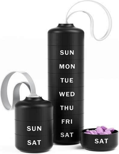 [BRSROAIQAQNWEGTO] Betife Cute Pill organizētājs, Cute Weekly Pill Box for Travel, Cute Daily Pill Case 7 Day, ar 7 lieliem Stackable Pills, Sturdy ABS Pill turētājs Vitamīnu Papildmedicīna (melns)