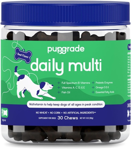 [BRSWGZI5OB7WE33P] PupGrade Daily Multivitamin za pse - All-in-One dodatek za digestivno, imuno, kožo in plašč zdravje - 32 Zdrava hranila, probiotične encime, Omega ribje olje, vitamini A, C, D & E - 30 mehkih žveči