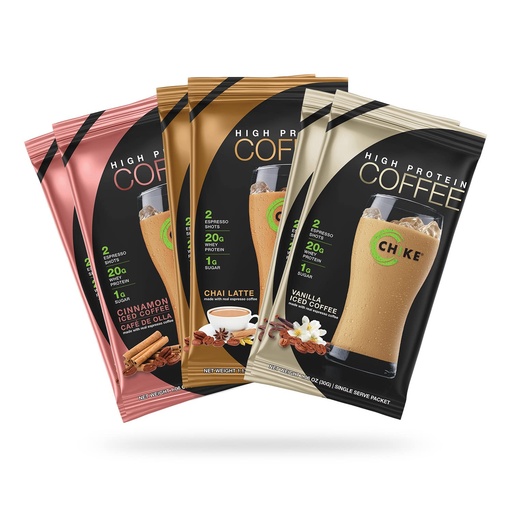 [BRSROYI3DJYB6H33] Chike Latte Love High Protein Iced Coffee Sampler Pack, 20 G Protein, 2 Shots Espresso, 1 G Sugar, Keto Friendly and Gluten Free, 6 Single Serve Packets