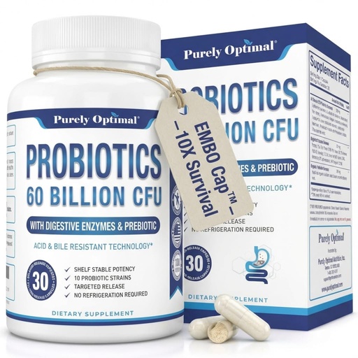 [BRSWGBALOICGO3LK] Purely Optimal Probiotics for Digestive Health, 60 Billion CFU – Delayed-Release with Digestive Enzymes & Organic Prebiotics – Bloating, Immune & Energy Support, 30 Caps
