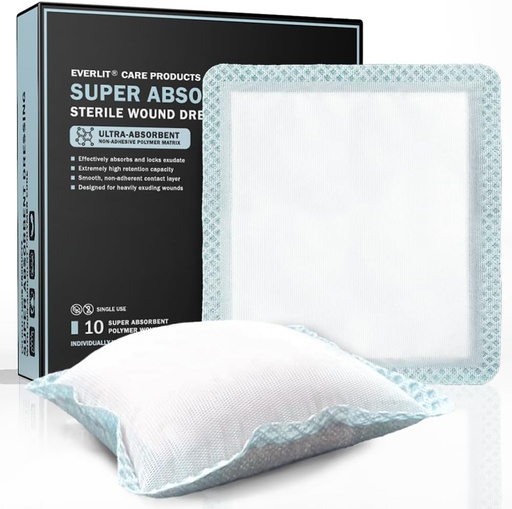 [BRSRAYDYCECGE3LD] EVERLIT Super Absorbent Dressing for Wound Care | Nonstick Soft Surgical Gauze Pad for Heavily Exuding Wounds | Large Sterile Non-Adhesive Bandage for Fast Healing Wound Care | Pack of 10 (6" x 6")