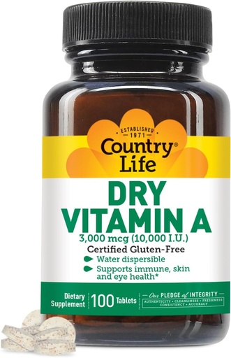 [BRSWIYT3OMABQ2D6] Country Life Vitamine A 10 000 UI - Soutien immunitaire, supplément santé de la peau et des yeux, certifié sans gluten, végétalien, halal, casher, 50% bêta-carotène et 50% palmitate de rétinyl, absorption facile - 100 comprimés
