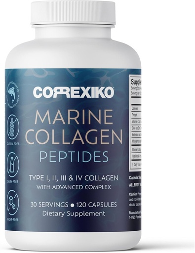 [BRSWGHANA4MAKH3G] CORREXIKO Marine Collagen gehigarriko pilulak - 1800mg Hydrolyzed Collagen Peptides per Serve Added Hyaluronic Acid, C & Minerals bitamina - Ile, Azal eta Nails - 120 kapsula 30 eguneko hornidura