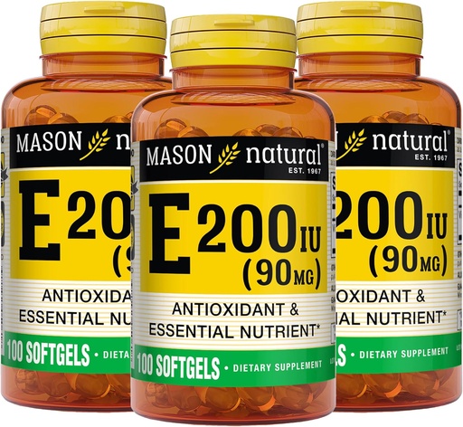 [BRSW2HATAEGROC3A] MASON NATURAL ויטמין E 90 מ"ג (200 IU) - Antioxidant and Essentialent, מערכת החיסון לבריאות, עור ועיניים, תוסף גוף שלם, 100 Softgels (Pack of 3)