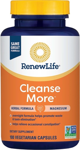 [BRSWIY34CF5BQ3D6] Renew Life Detox Cleanse More, Reduces Bloating and Restores Regularity, Overnight Constipation Relief, Soy, Dairy and gluten-free, 100 Capsules
