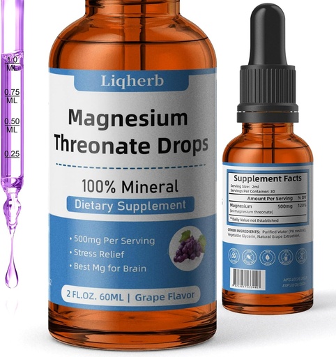 [BRSROAT2OR5RMF3U] Magnesium Threonate Liquid 500mg, para Adultos &Kids, Base de glicerina vegetal con mejor disuelve, mejor Mg para la salud cerebral, estrés &amp; alivio muscular, salud nerviosa, no GMO, libre de gluten, Vegan, 2 FL.OZ.